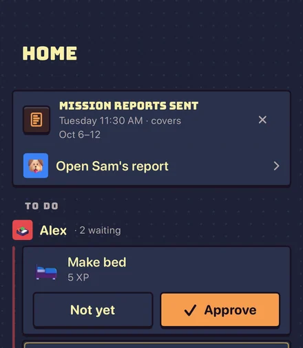 A grown-up’s Home screen in Sidequest with a finished chore waiting for approval
