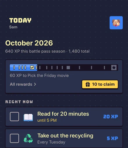 A kid’s Today screen in Sidequest with a battle pass bar and a list of chores to check off