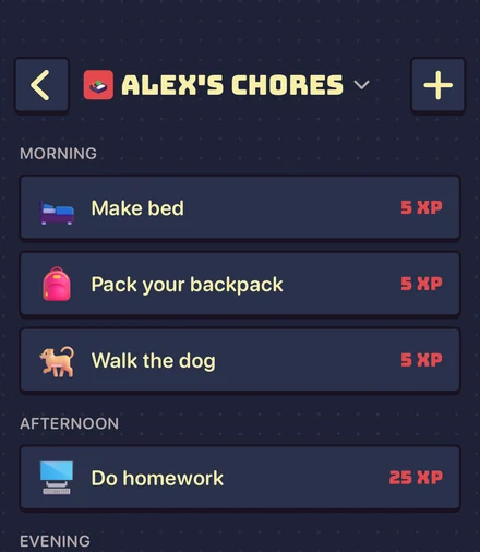 A grown-up’s chore list for one kid in Sidequest, grouped by morning, afternoon, and evening, with the XP each chore is worth