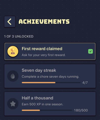 The app’s Achievements screen: one unlocked medal and two in progress