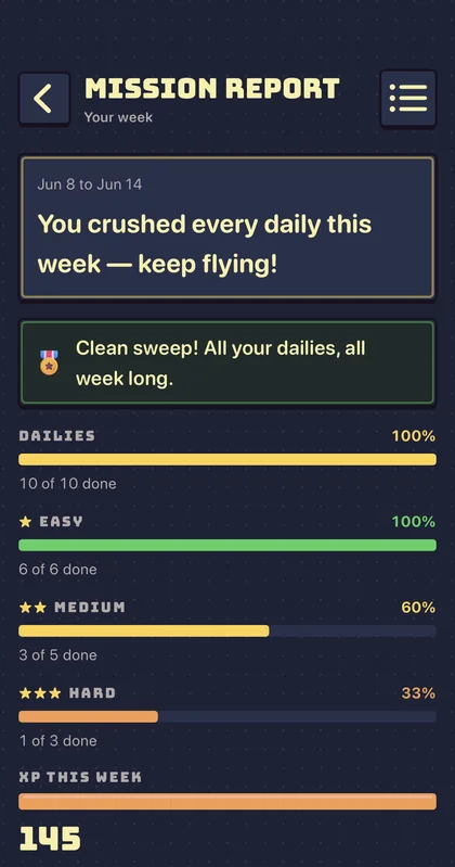 The app’s Mission report screen: the week’s dailies and effort bars, XP, and battle pass progress