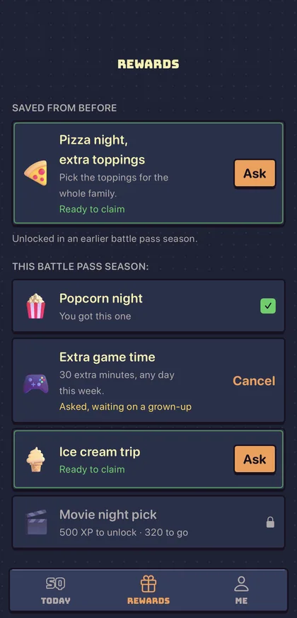 The app’s Rewards screen: rewards a kid can ask for, one already claimed, and one still locked