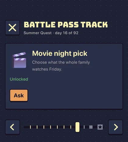 The app’s Battle Pass Track screen: a kid’s unlocked reward, “Movie night pick”, above a track of reward marks