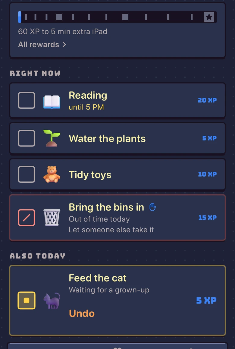 A kid’s Today screen in Sidequest with Feed the cat checked off and waiting for a grown-up