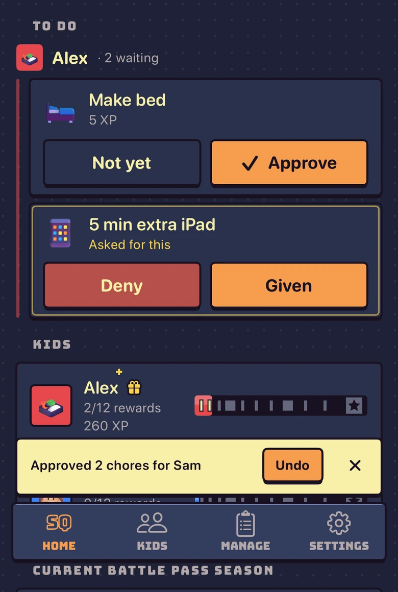A grown-up’s Home screen in Sidequest after approving two chores, with an Undo button